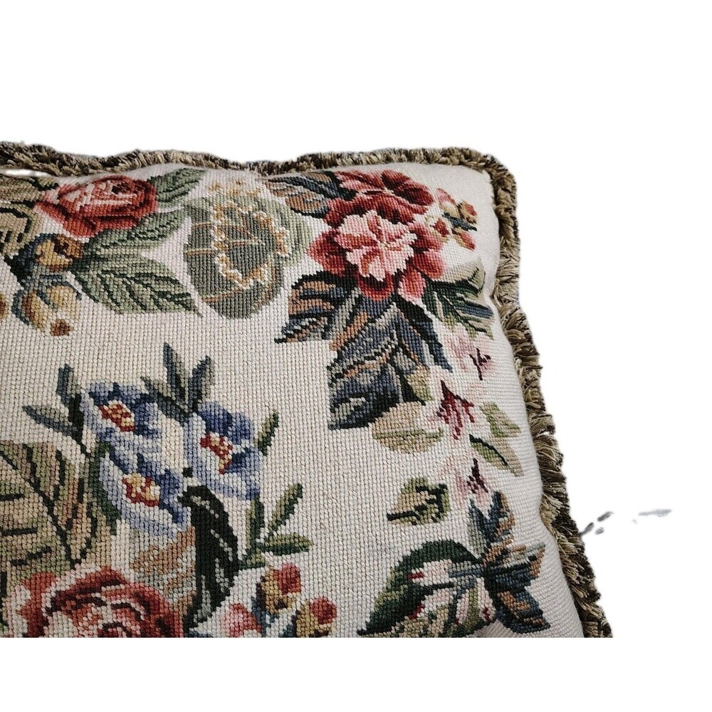 Vtg Floral Needlepoint Tapestry Throw Pillow Cottagecore Grandmillennial 24x19 - Picture 5 of 7